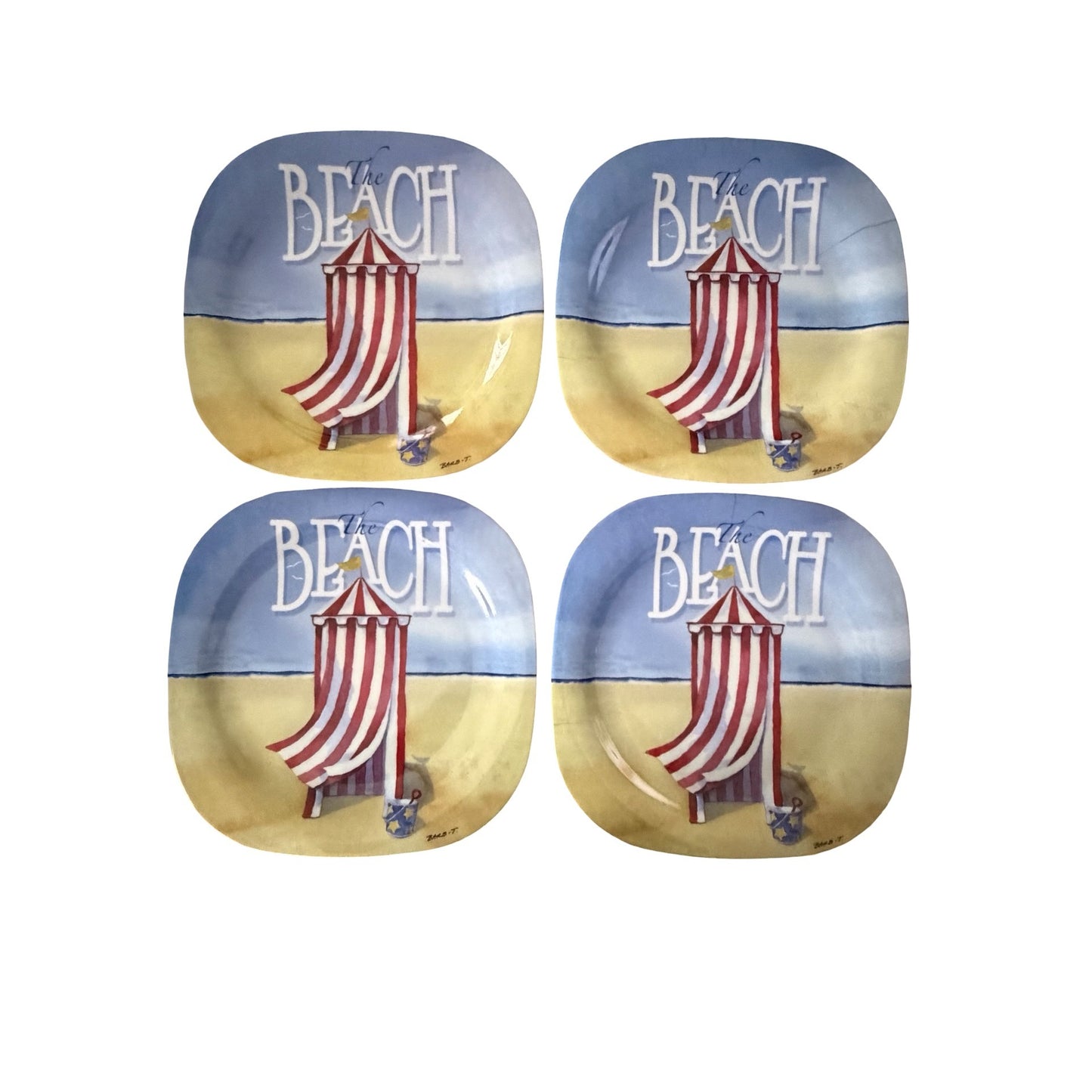 Evergreen Beach Themed Melamine Plates Set of 4 Coastal Cabana Nautical 11”