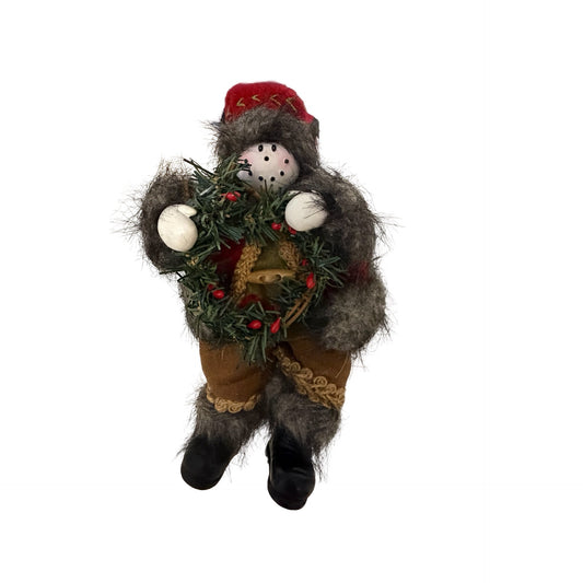 Vintage Rustic Woodland Snowman Shelf Sitter Holding Christmas Wreath 9" Holiday Decor