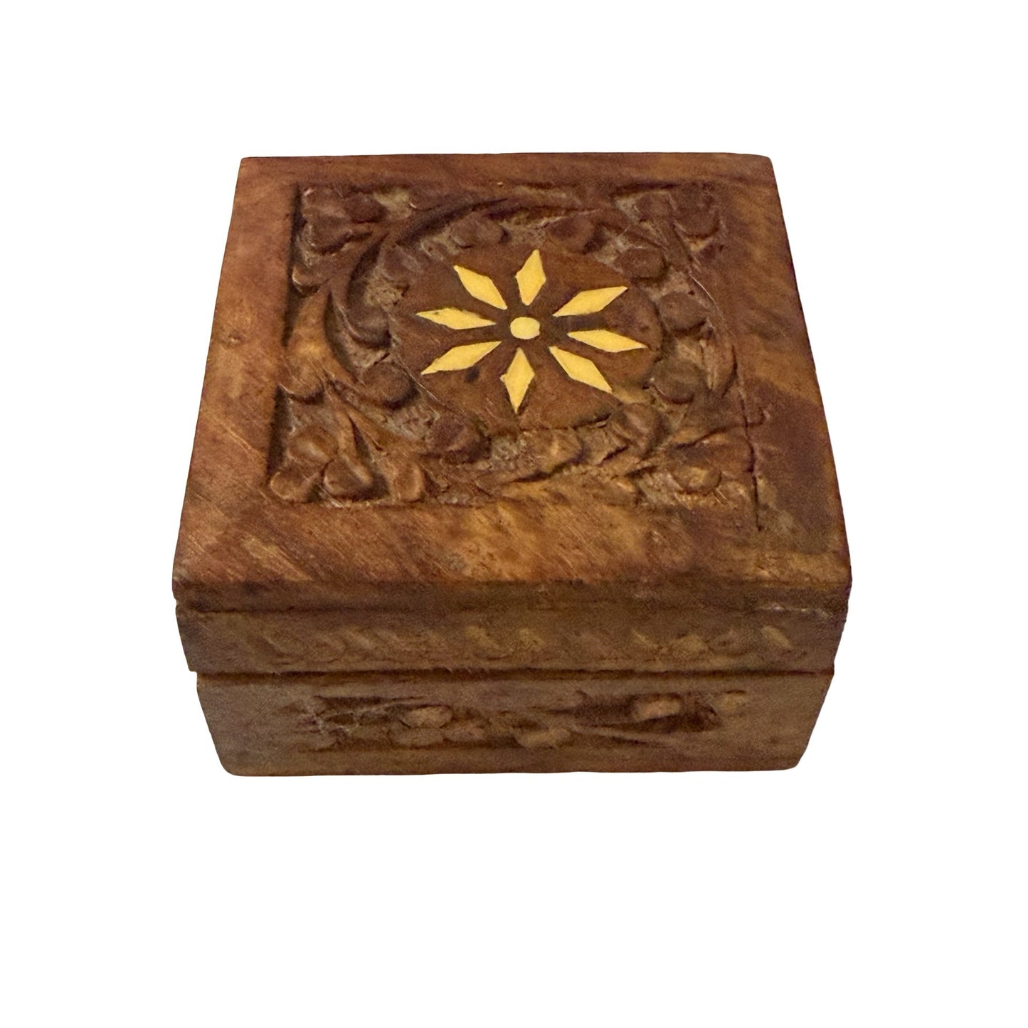 Carved Wooden Trinket Box Floral Inlay Jewelry Box Handmade Keepsake Storage Box