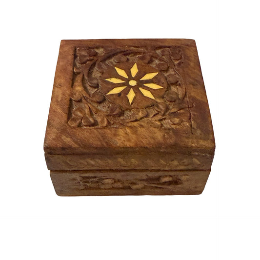 Carved Wooden Trinket Box Floral Inlay Jewelry Box Handmade Keepsake Storage Box