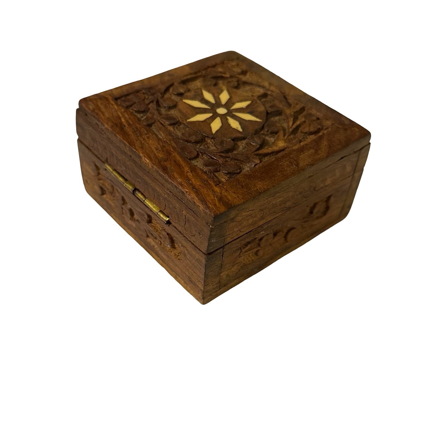 Carved Wooden Trinket Box Floral Inlay Jewelry Box Handmade Keepsake Storage Box