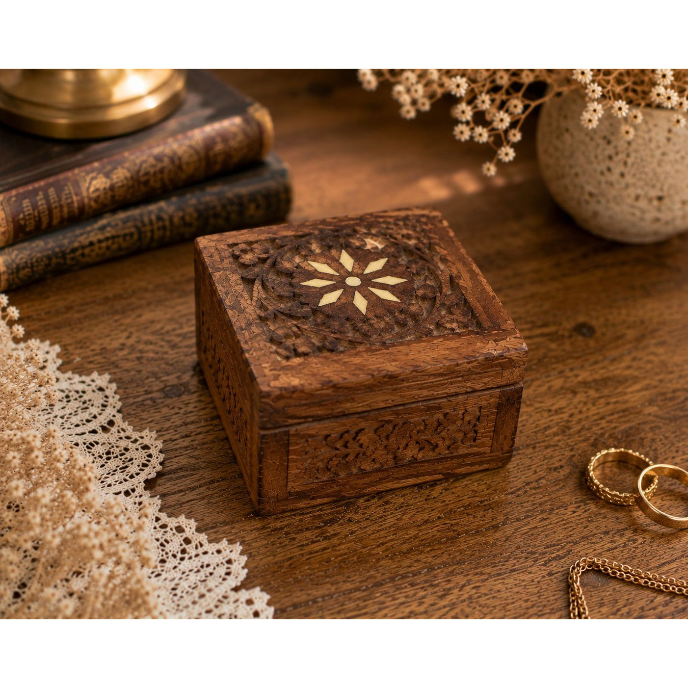Carved Wooden Trinket Box Floral Inlay Jewelry Box Handmade Keepsake Storage Box