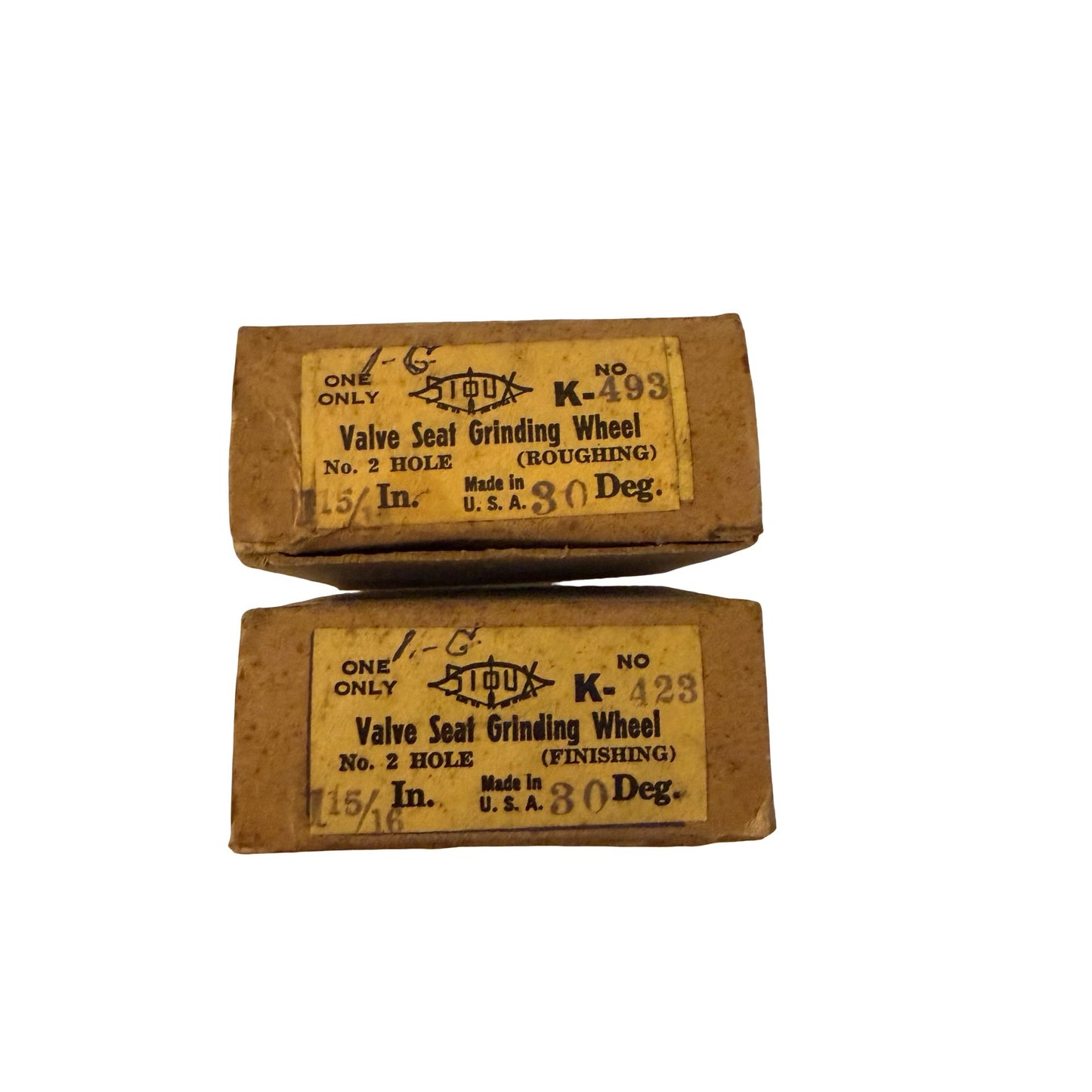Vintage Sioux Valve Seat Grinding Wheels K-493 K-423 Set of 2 With Original Boxes USA