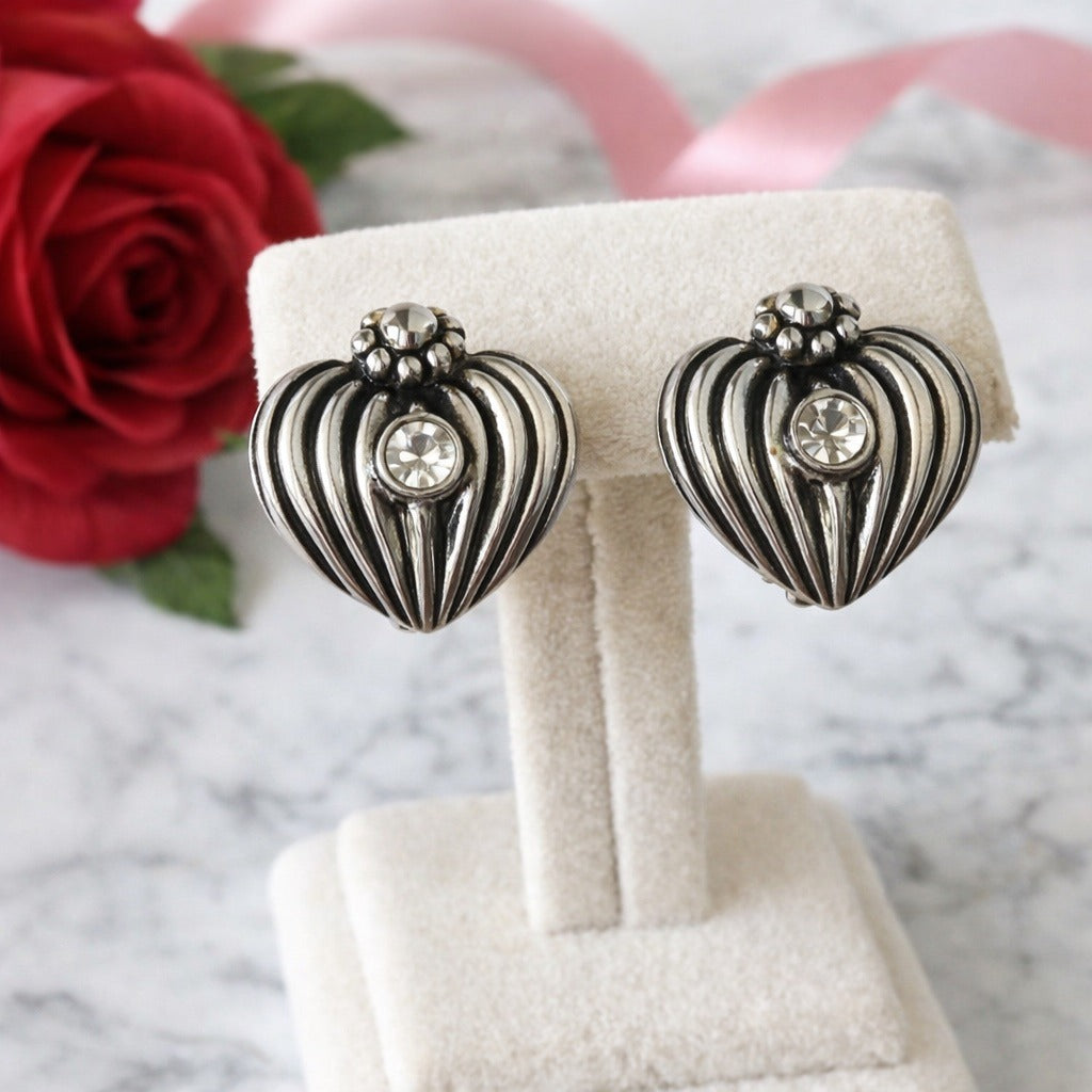 Vintage Ribbed Heart Rhinestone Clip On Earrings Silver Tone Romantic Jewelry