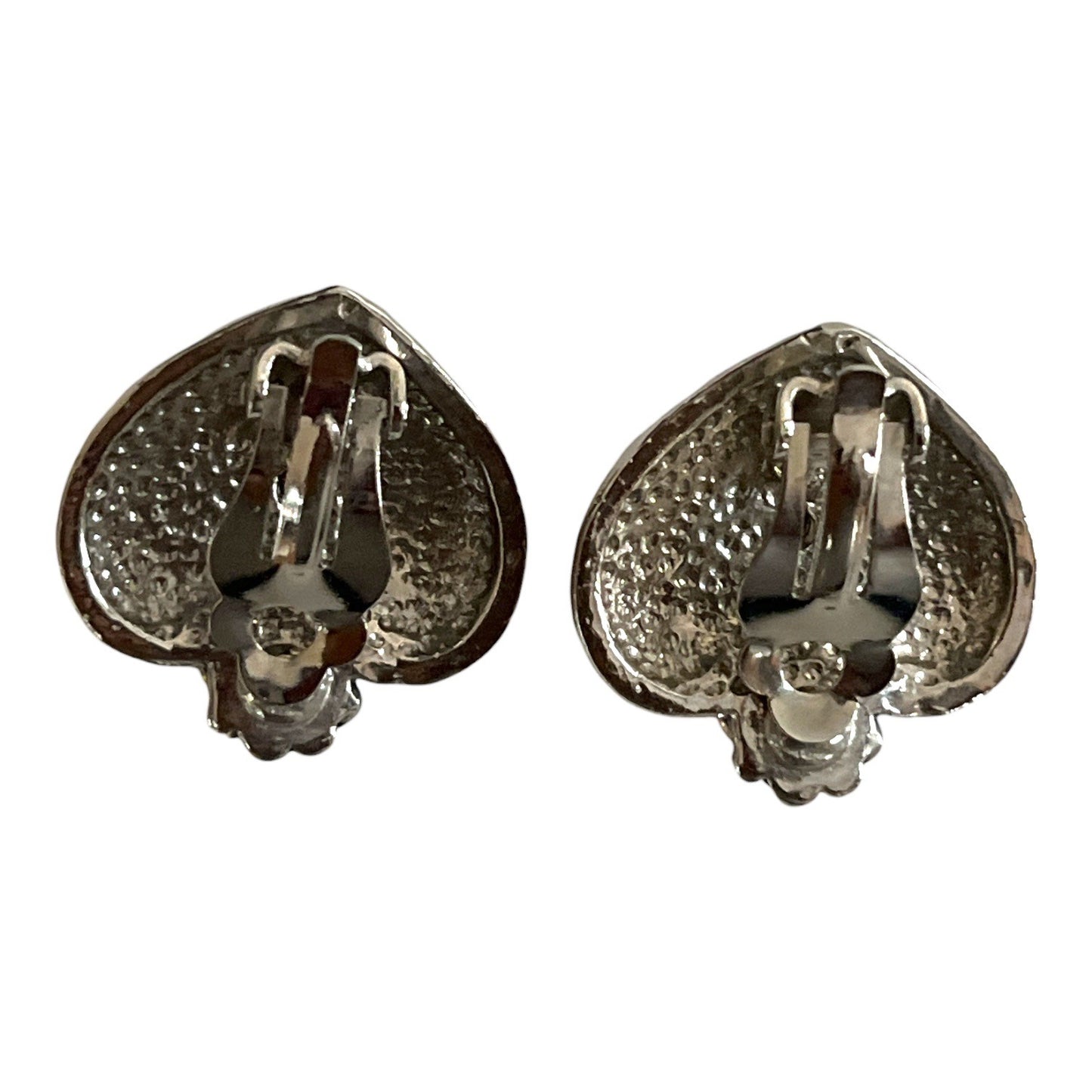 Vintage Ribbed Heart Rhinestone Clip On Earrings Silver Tone Romantic Jewelry
