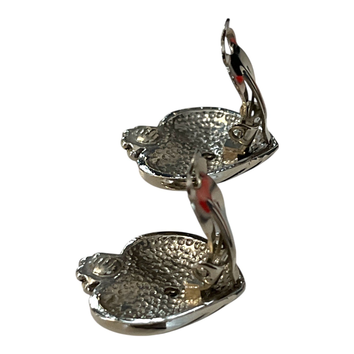 Vintage Ribbed Heart Rhinestone Clip On Earrings Silver Tone Romantic Jewelry