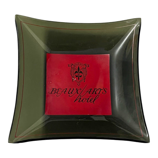 Vintage Beaux Arts Hotel Glass Tray – Black & Red Square Dish – 5.5 Inch