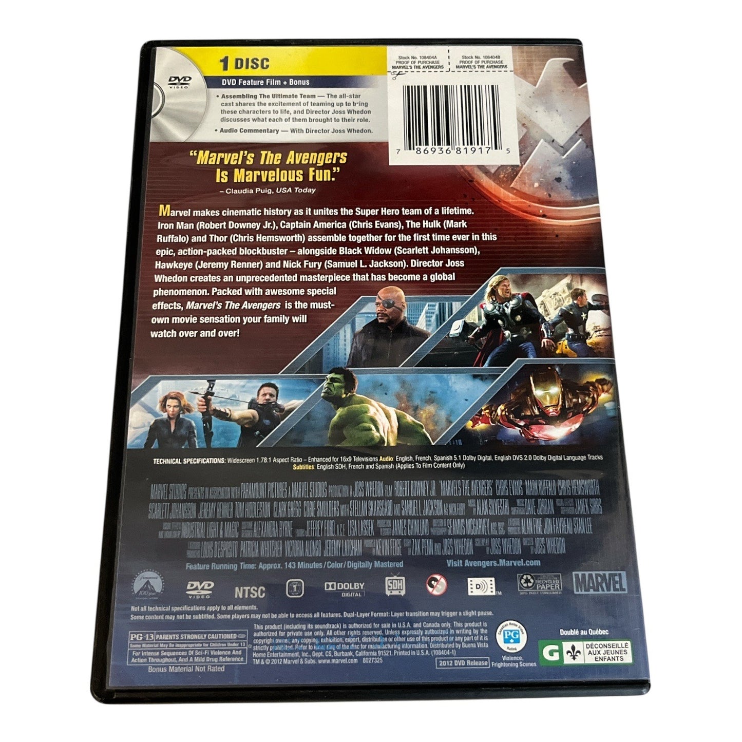 Marvel’s The Avengers DVD 2012 Superhero Action Movie