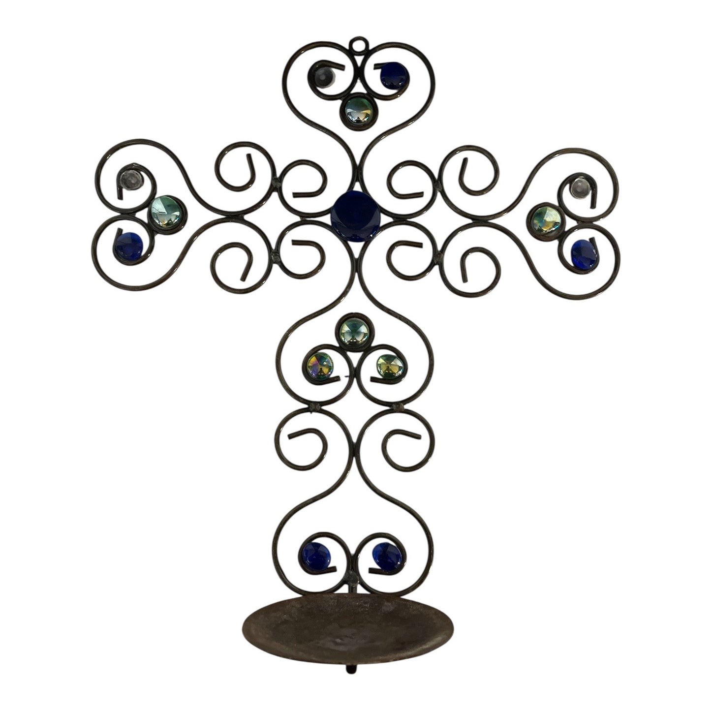 Vintage Wrought Iron Wall Cross Candle Holder – 16” x 14” with Blue & Iridescent Glass Cabochons (Some Missing)