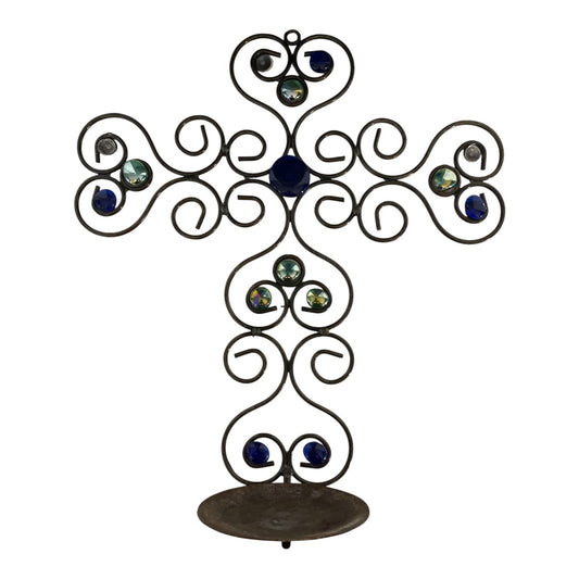 Vintage Wrought Iron Wall Cross Candle Holder – 16” x 14” with Blue & Iridescent Glass Cabochons (Some Missing)