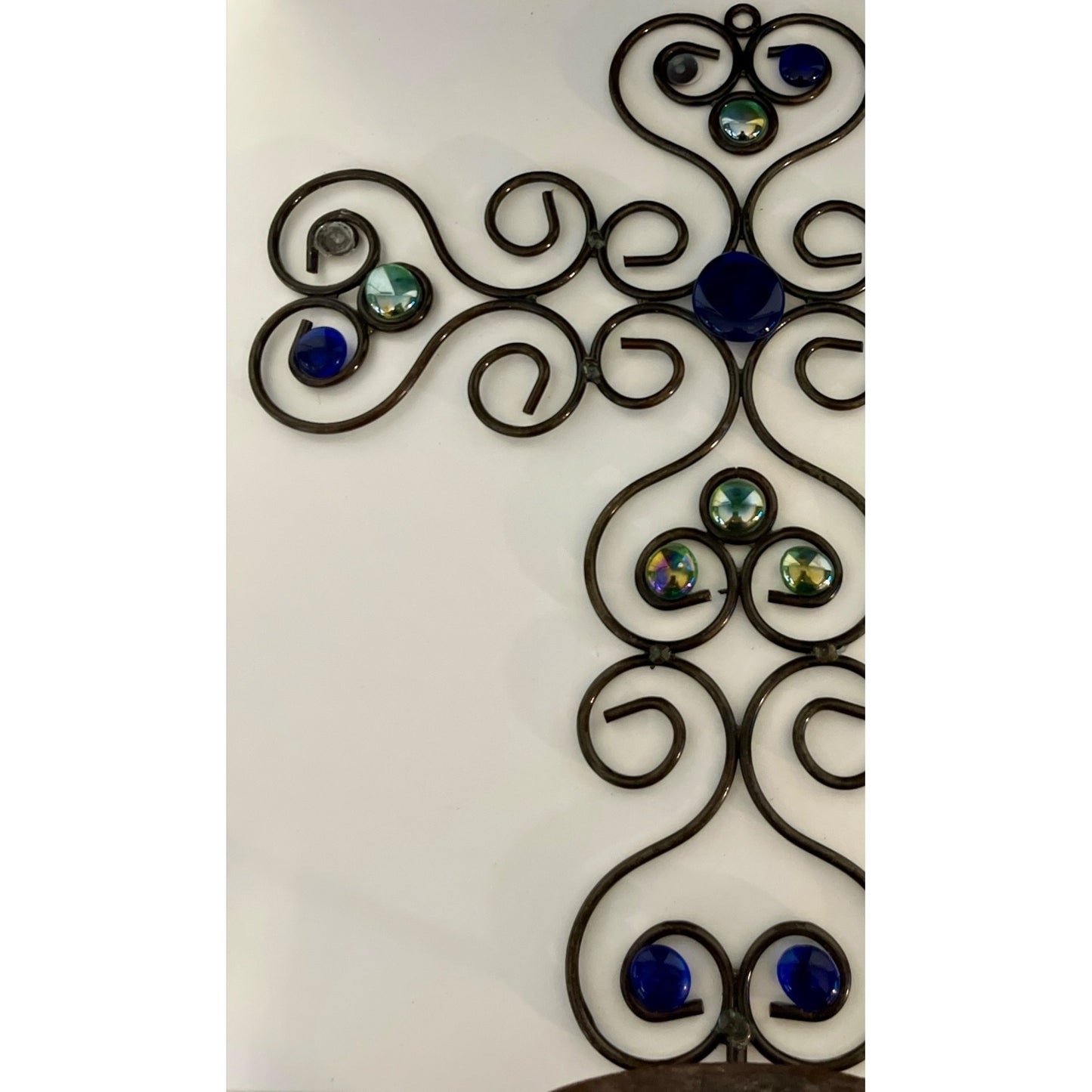 Vintage Wrought Iron Wall Cross Candle Holder – 16” x 14” with Blue & Iridescent Glass Cabochons (Some Missing)