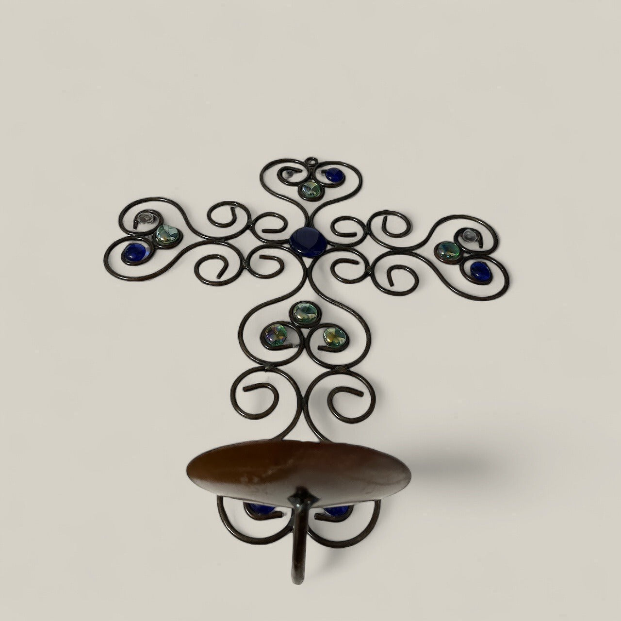 Vintage Wrought Iron Wall Cross Candle Holder – 16” x 14” with Blue & Iridescent Glass Cabochons (Some Missing)