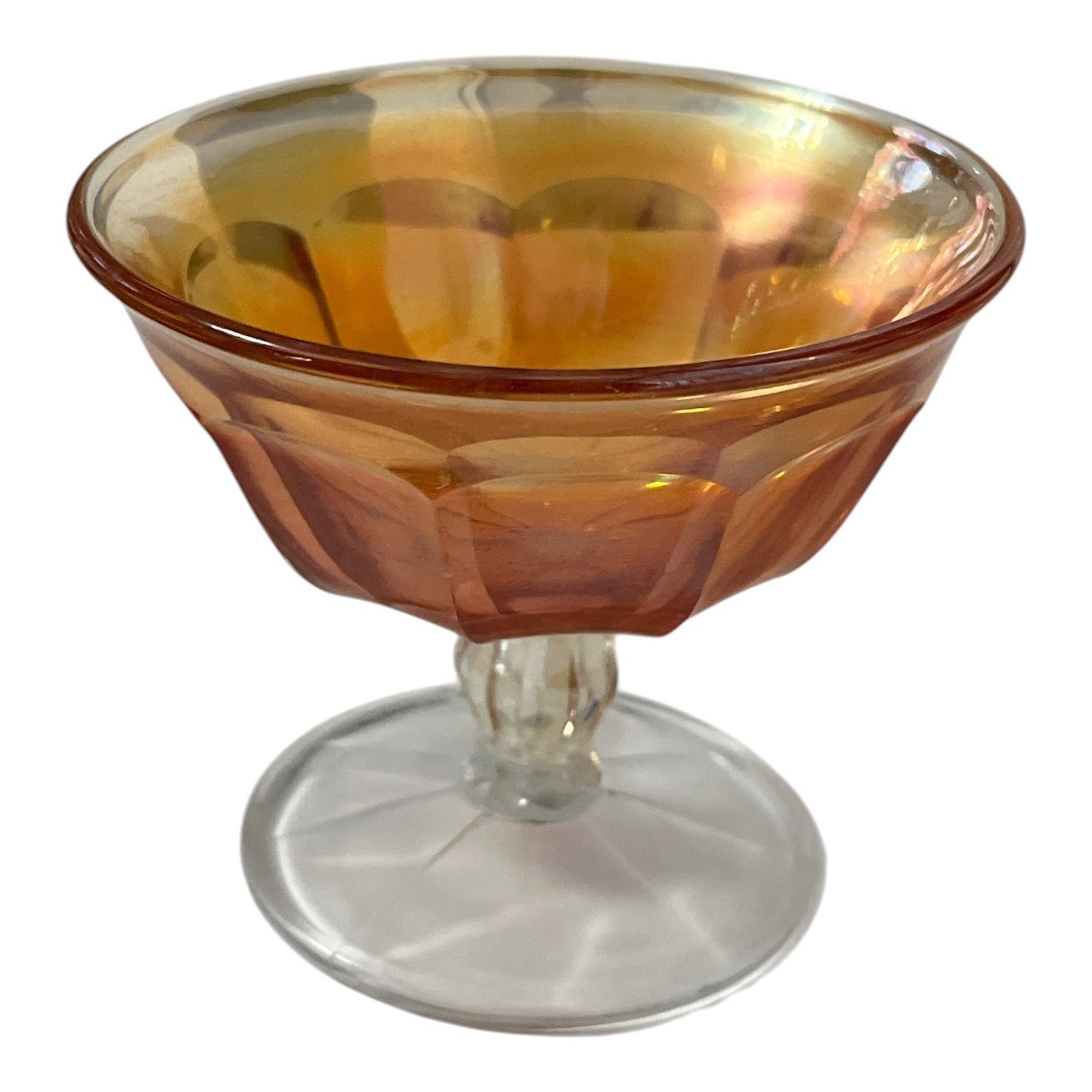 Vintage Iridescent Amber Glass Sherbet Dessert Dish – 1930s–1950s Footed Compote