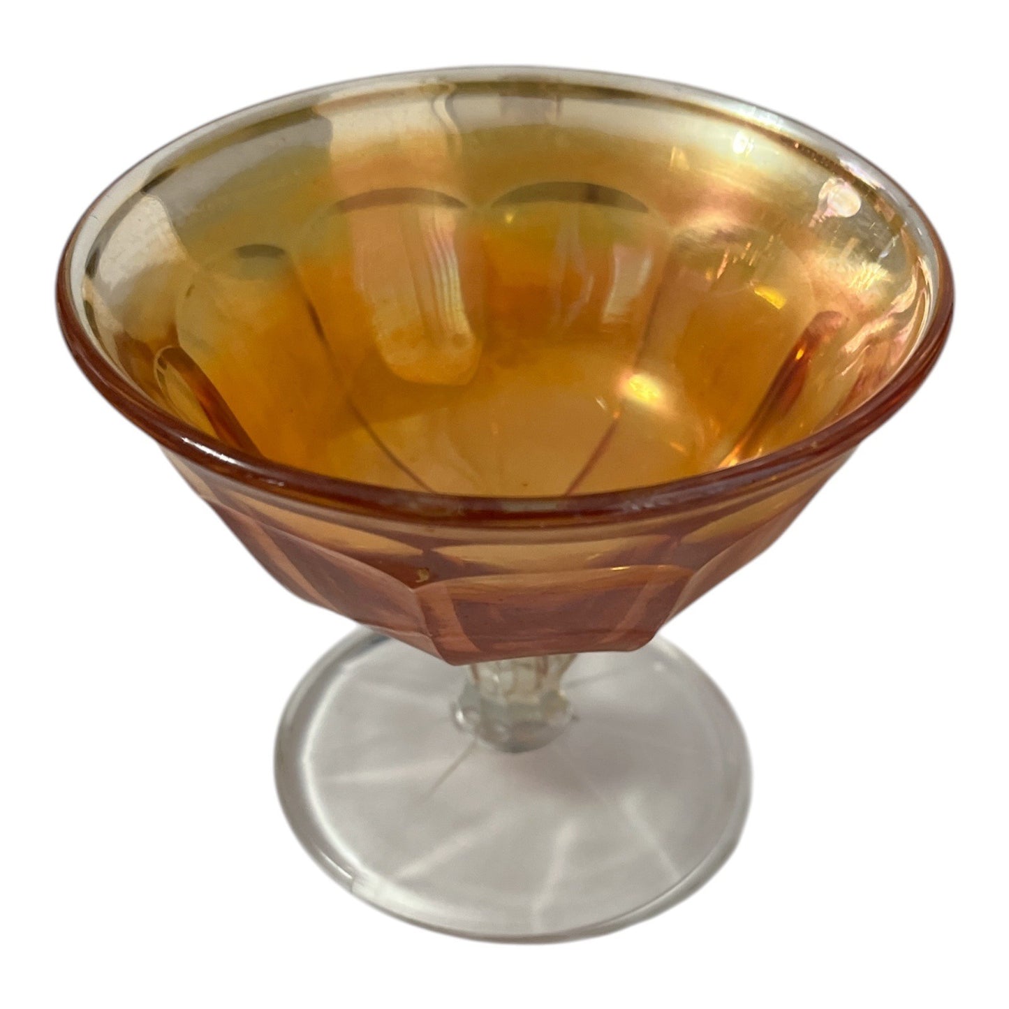 Vintage Iridescent Amber Glass Sherbet Dessert Dish – 1930s–1950s Footed Compote