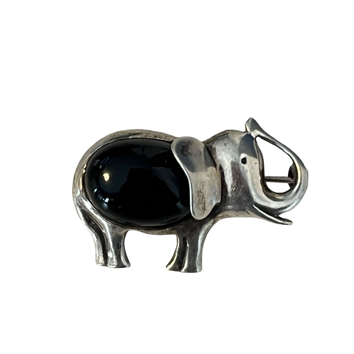 Vintage Mexico Sterling Silver Elephant Brooch Black Onyx Inlay