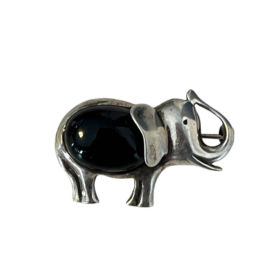 Vintage Mexico Sterling Silver Elephant Brooch Black Onyx Inlay