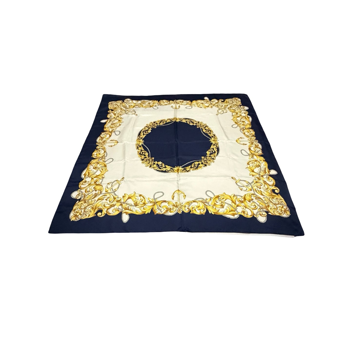 Vintage 34" Navy Gold Baroque Nautical Scarf Square Satin Rope Anchor Scroll Print