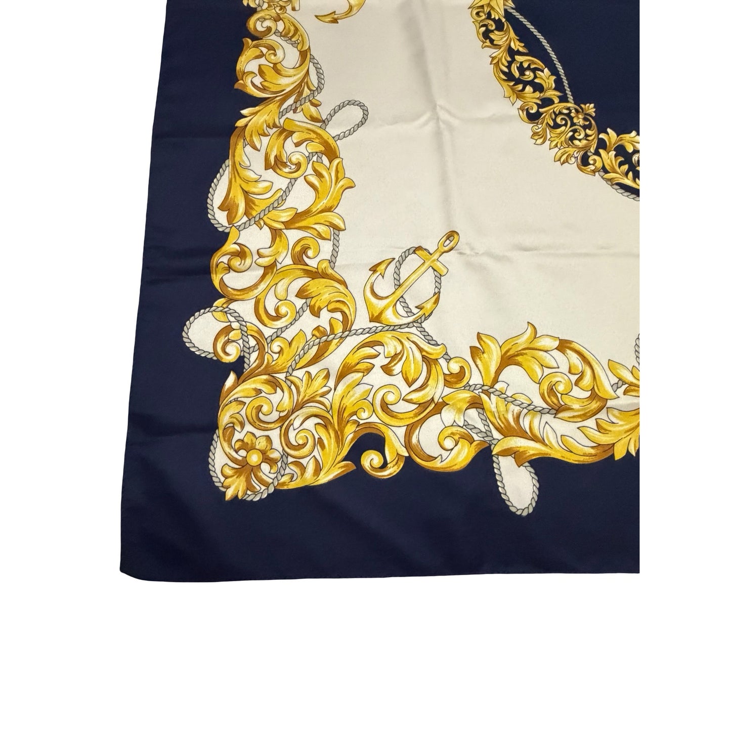 Vintage 34" Navy Gold Baroque Nautical Scarf Square Satin Rope Anchor Scroll Print