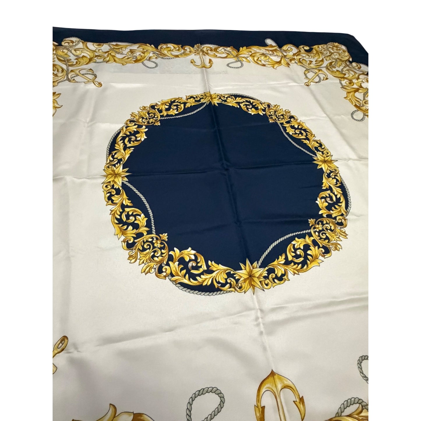 Vintage 34" Navy Gold Baroque Nautical Scarf Square Satin Rope Anchor Scroll Print