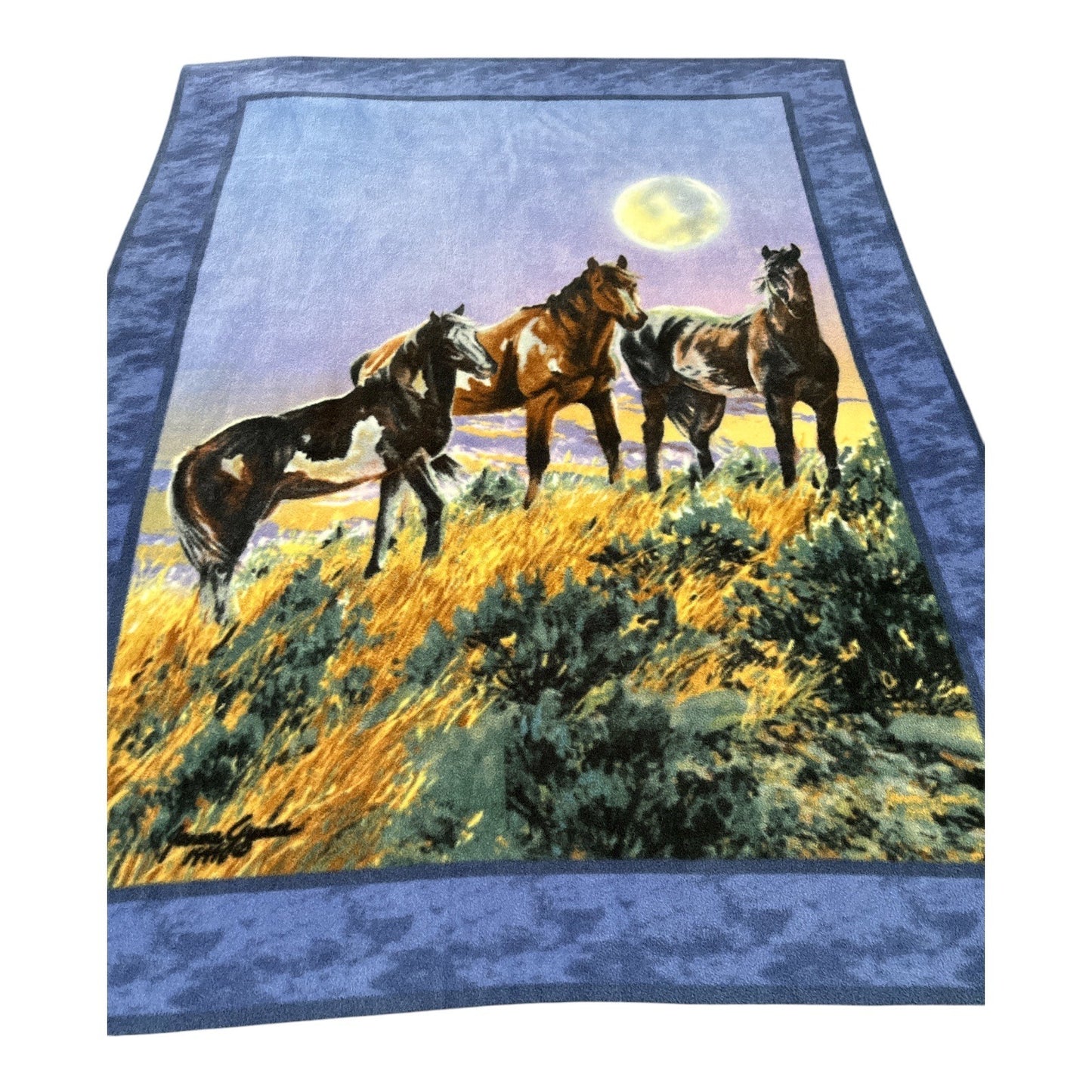 Vintage James Meger Horses Under the Moon Throw Blanket 64x48 Western Wildlife Art