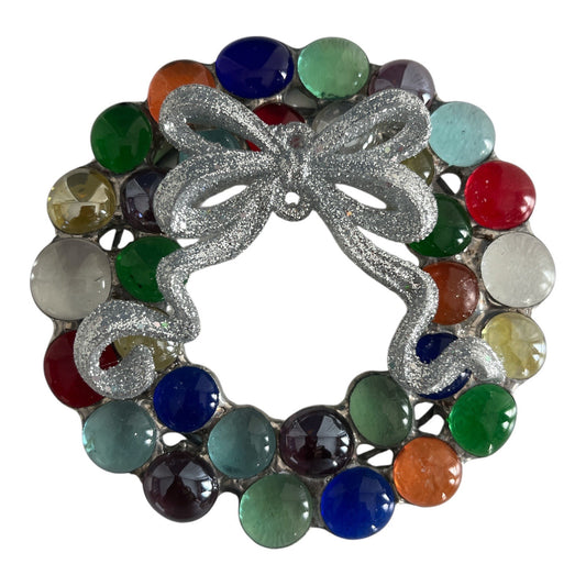 Colorful Glass Gem Holiday Wreath Ornament with Silver Glitter Bow