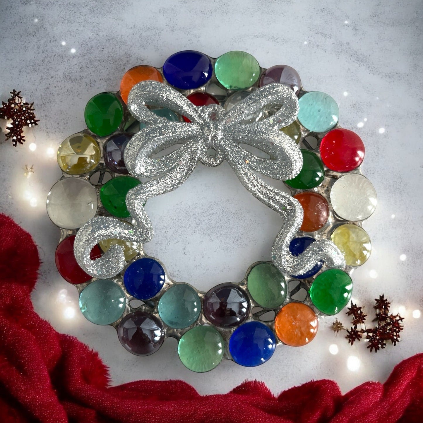 Colorful Glass Gem Holiday Wreath Ornament with Silver Glitter Bow