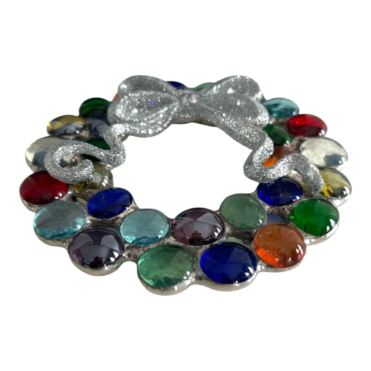 Colorful Glass Gem Holiday Wreath Ornament with Silver Glitter Bow
