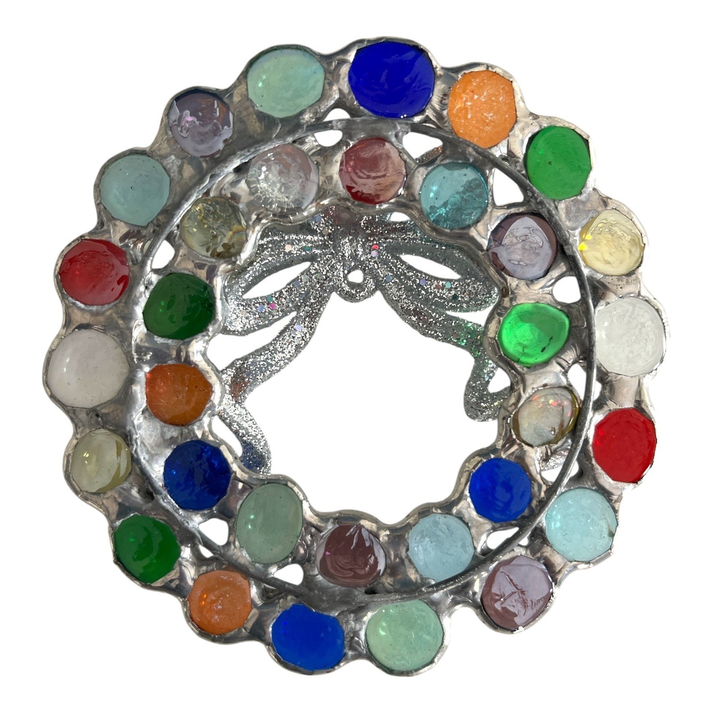 Colorful Glass Gem Holiday Wreath Ornament with Silver Glitter Bow