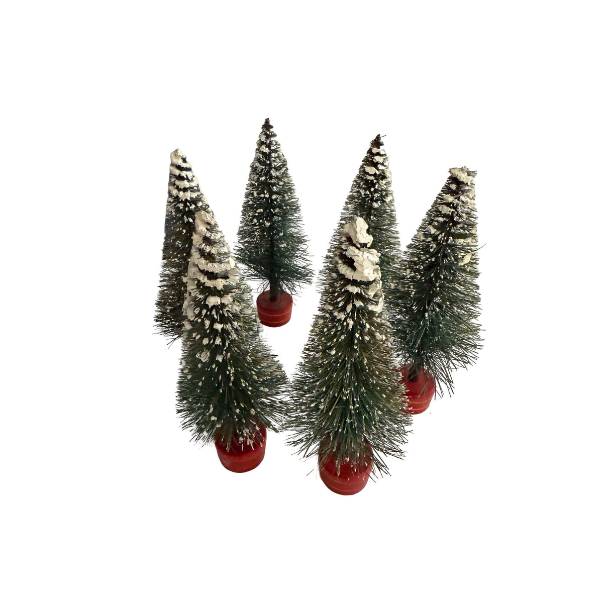 Vintage MCM Bottle Brush Christmas Trees Lot of 6 Flocked Red Wood Bases 5 Inch