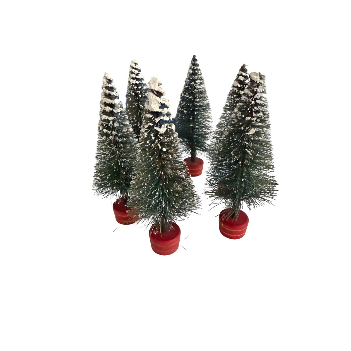 Vintage MCM Bottle Brush Christmas Trees Lot of 6 Flocked Red Wood Bases 5 Inch