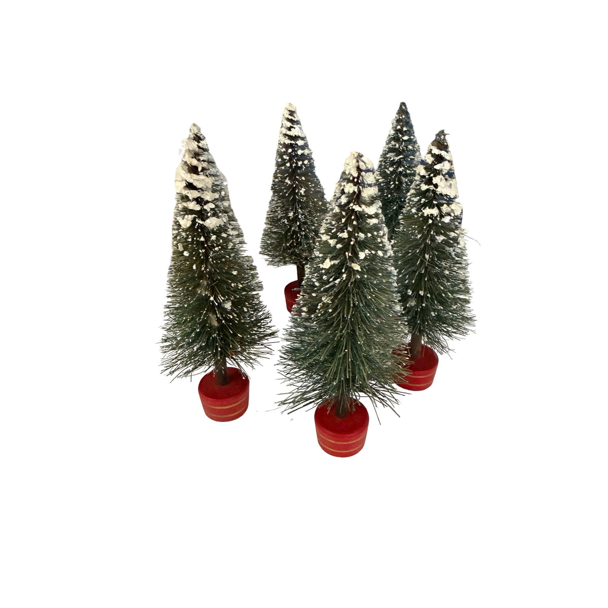 Vintage MCM Bottle Brush Christmas Trees Lot of 6 Flocked Red Wood Bases 5 Inch
