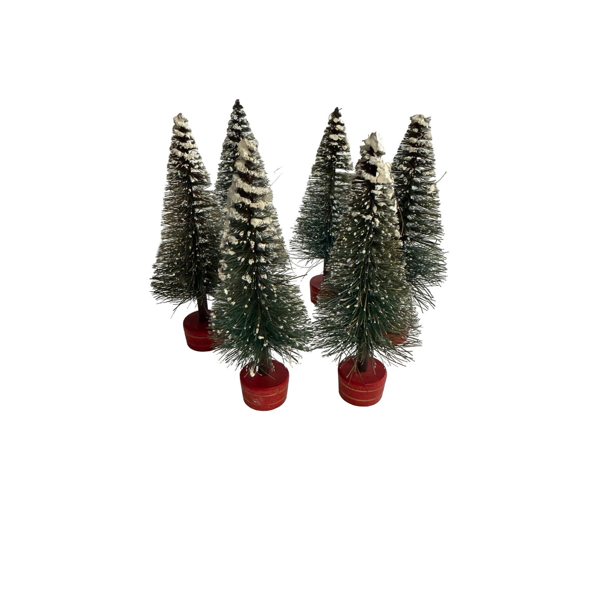 Vintage MCM Bottle Brush Christmas Trees Lot of 6 Flocked Red Wood Bases 5 Inch