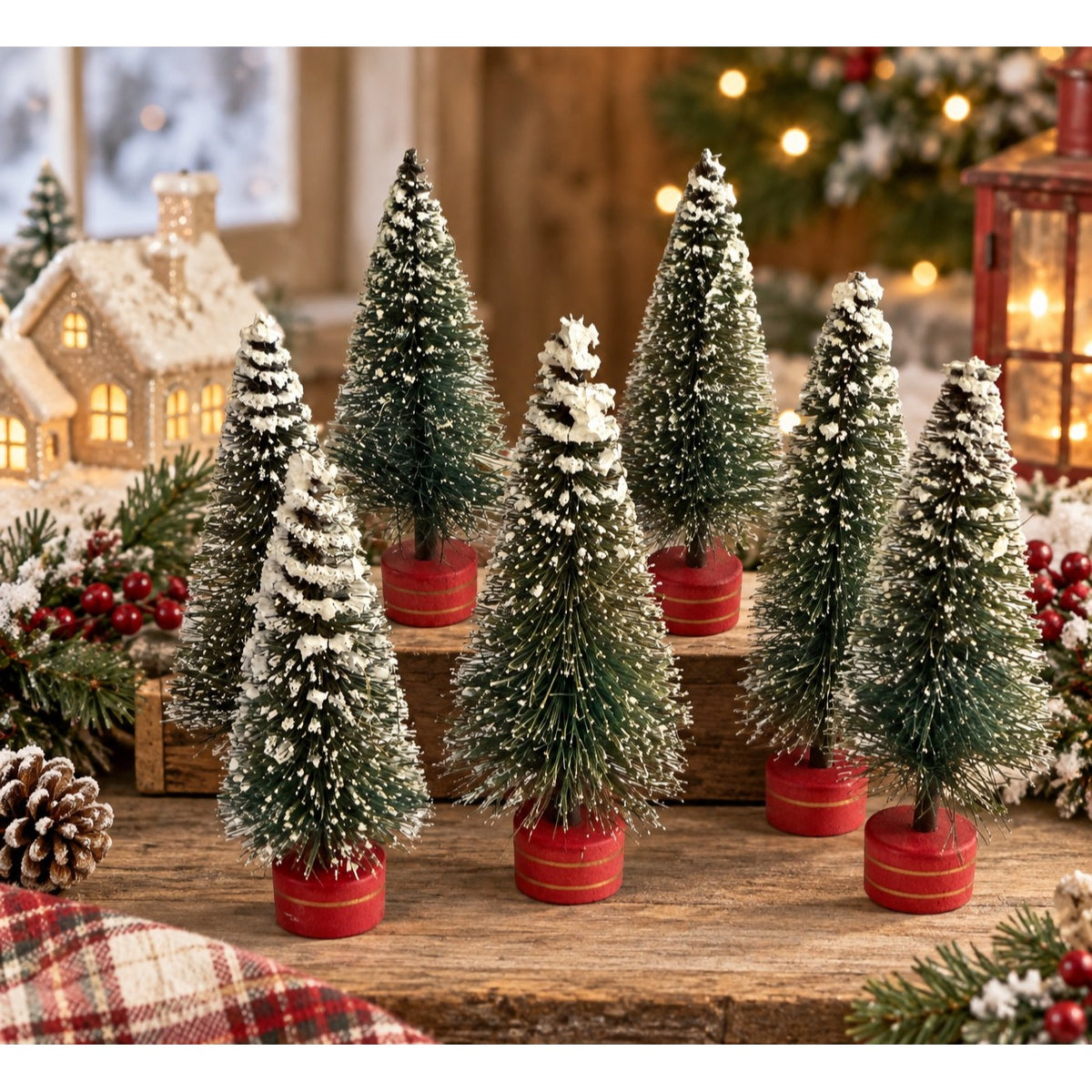 Vintage MCM Bottle Brush Christmas Trees Lot of 6 Flocked Red Wood Bases 5 Inch