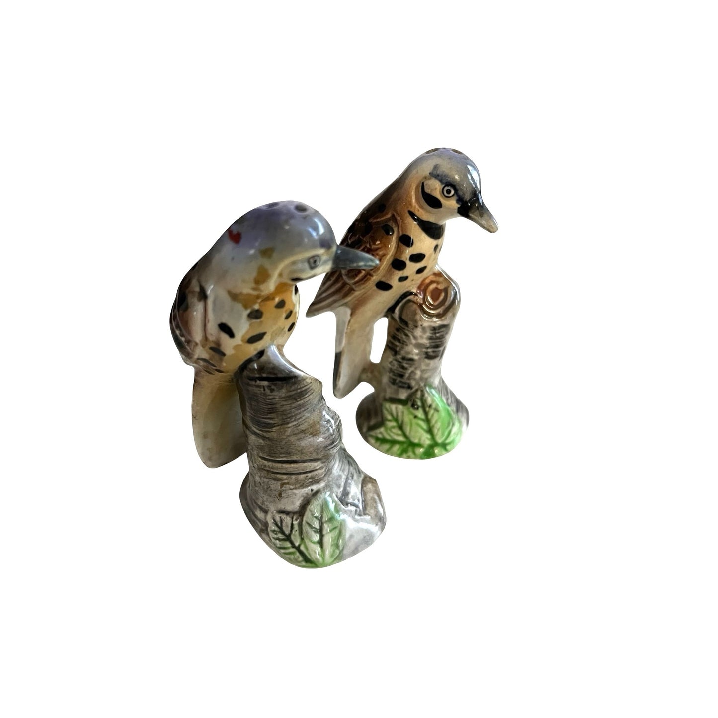 Vintage Flicker Bird Salt Pepper Shakers Japan Ceramic Woodpecker Tree Stump Pair