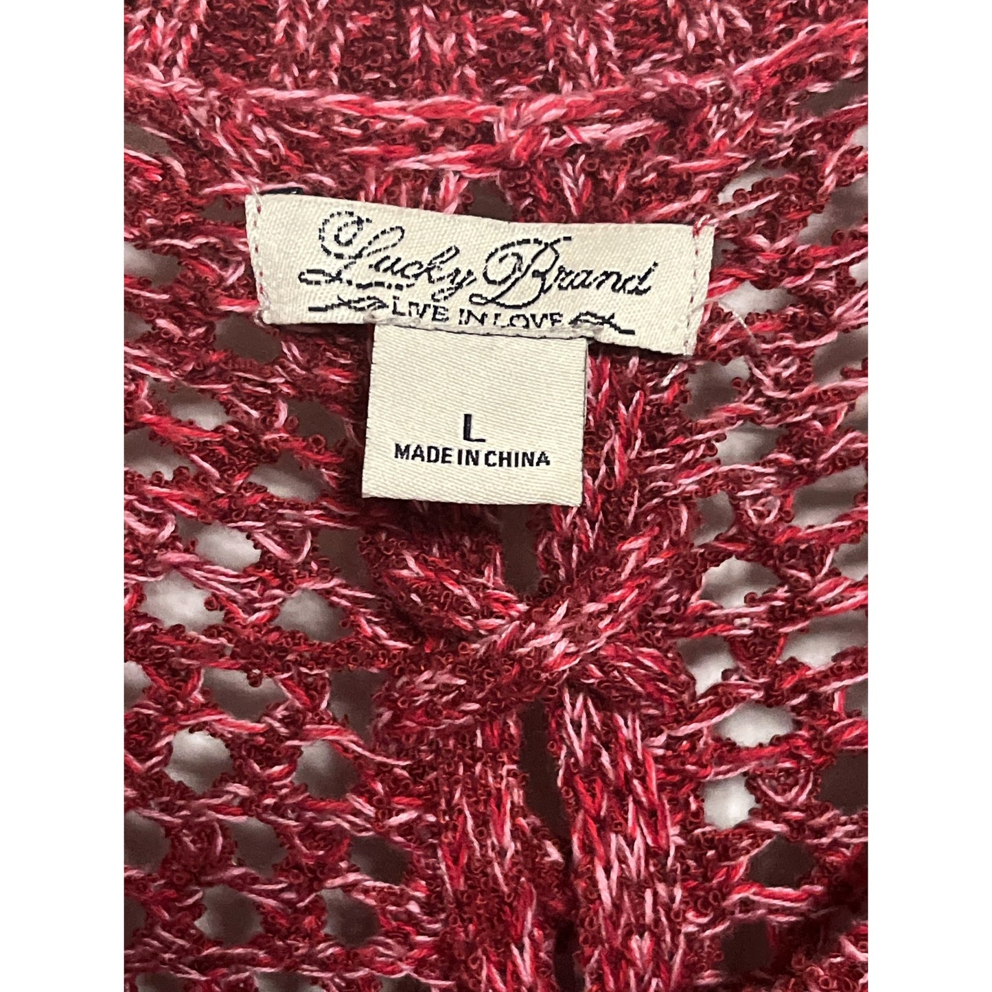Lucky Brand Open Knit Crochet Sweater Burgundy Red Size L