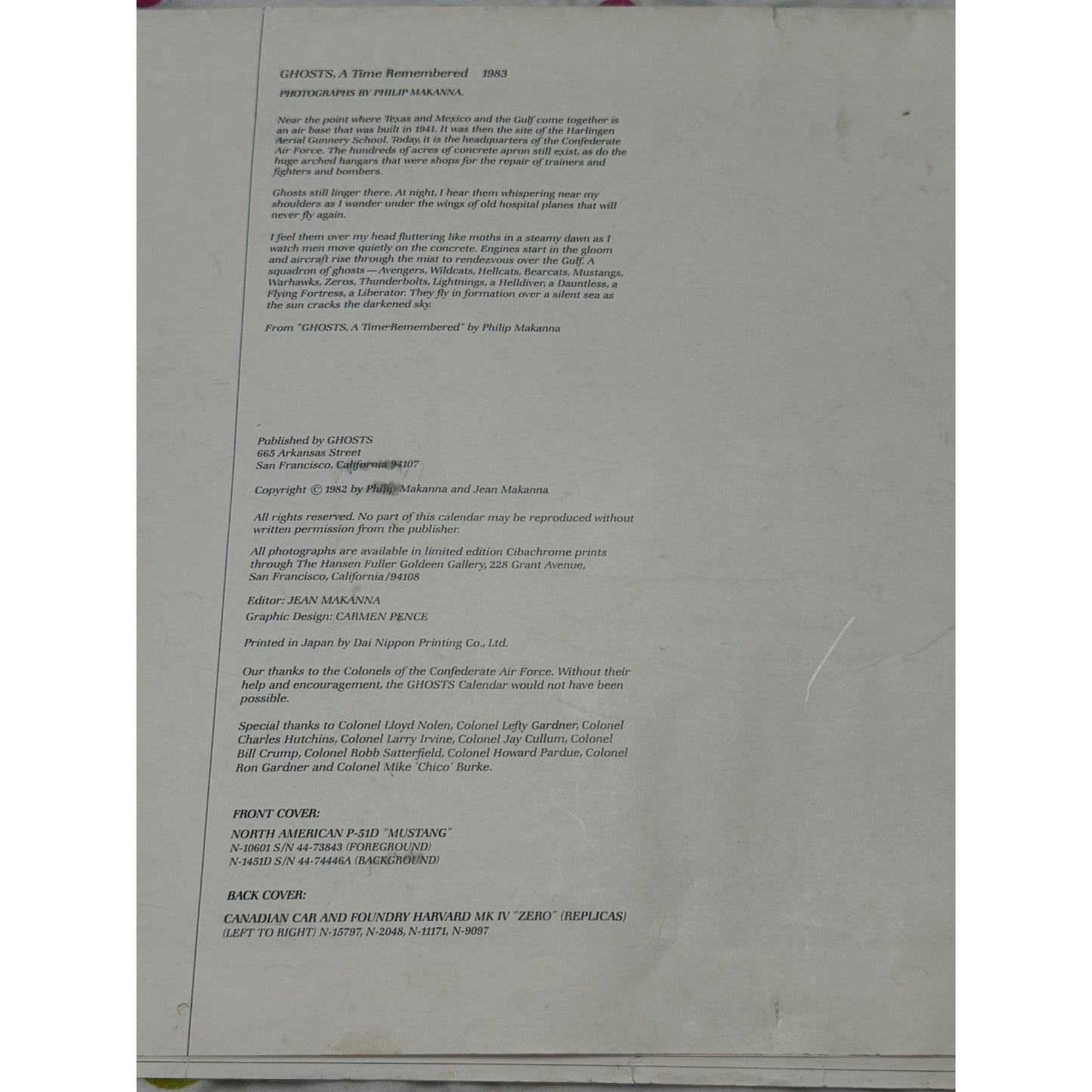 1983 Ghosts A Time Remembered Warbirds Aviation Calendar Partial Philip Makanna 20x28