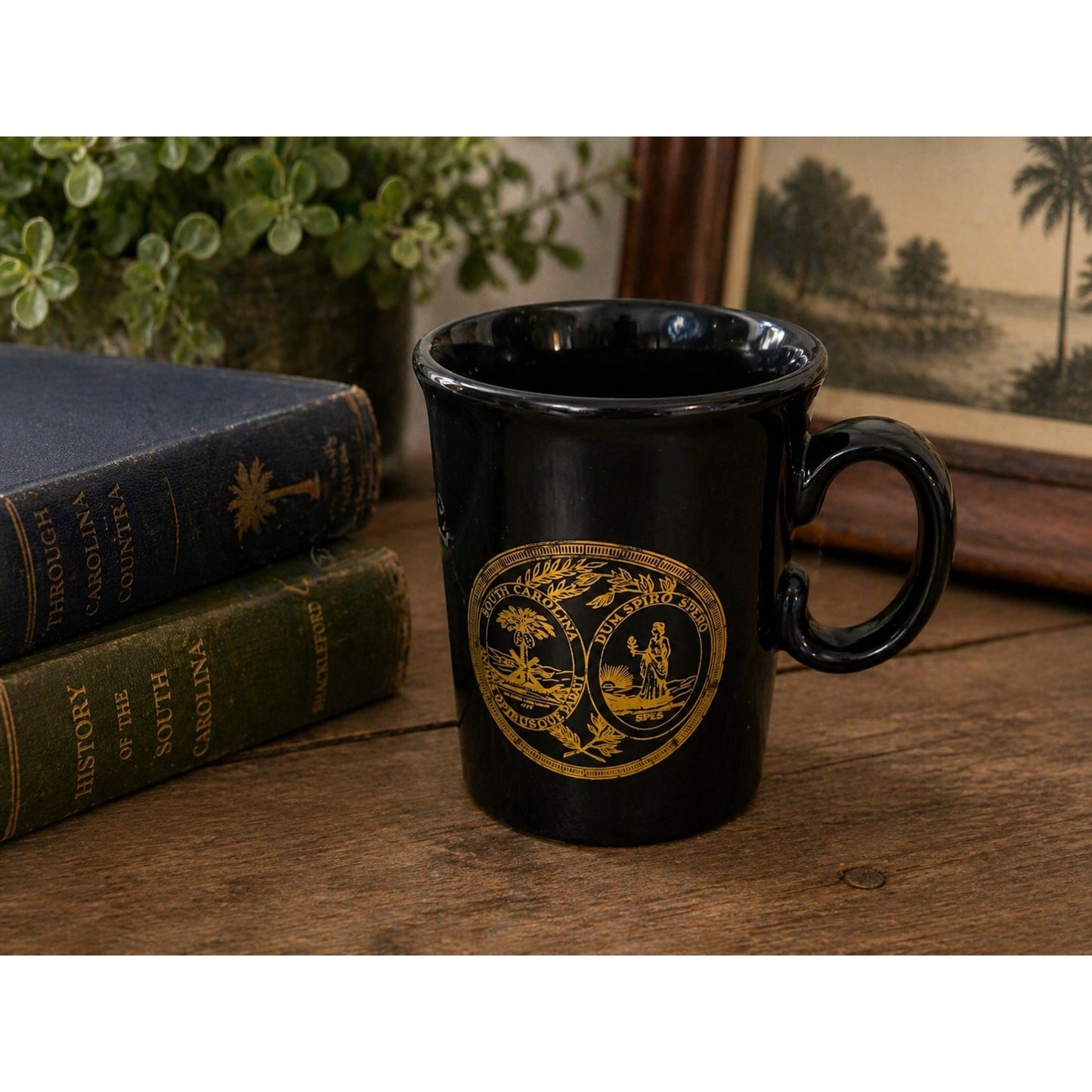 Vintage South Carolina State Seal Mug Black Gold Ceramic Coffee Cup Made in England