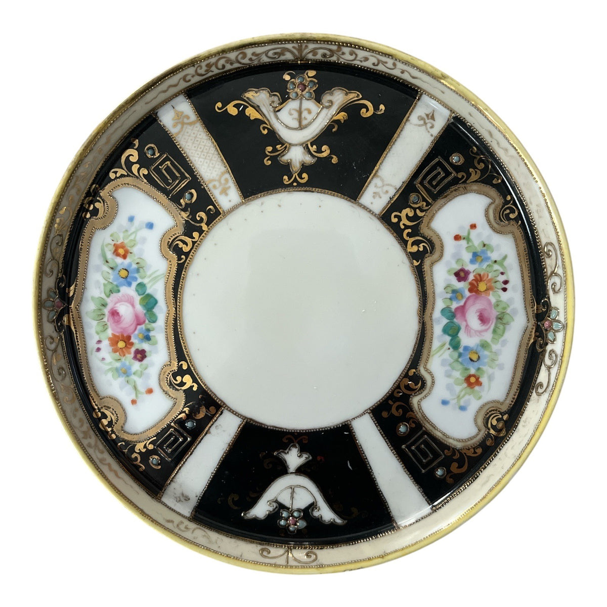 Antique Nippon Morimura Hand Painted Floral Plate Black Gold Moriage 7 Inch