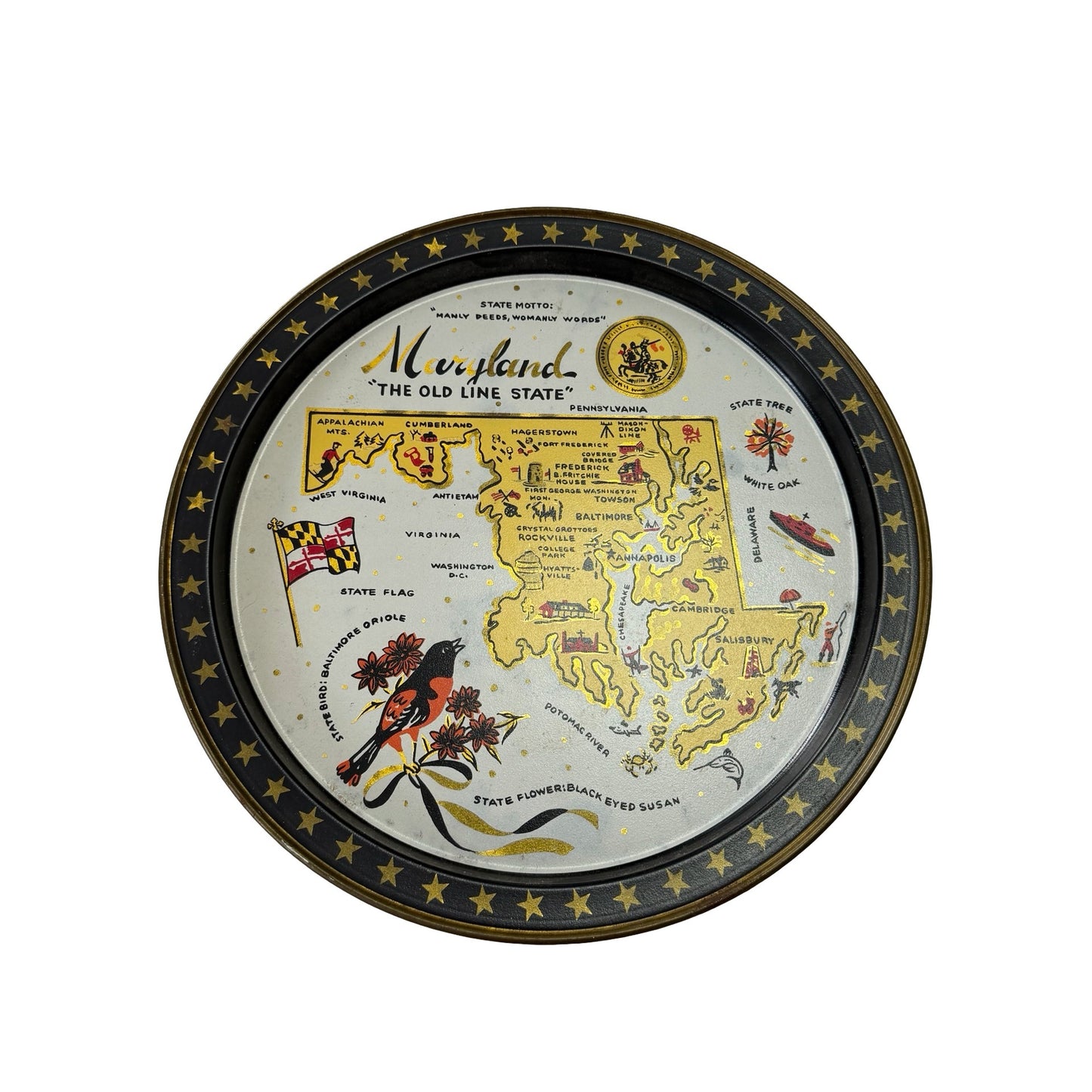 Vintage Maryland Old Line State Souvenir Metal Tray 12 Inch Fabcraft 1960s