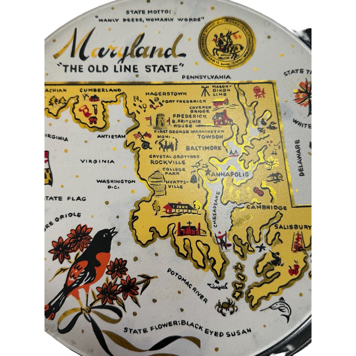 Vintage Maryland Old Line State Souvenir Metal Tray 12 Inch Fabcraft 1960s