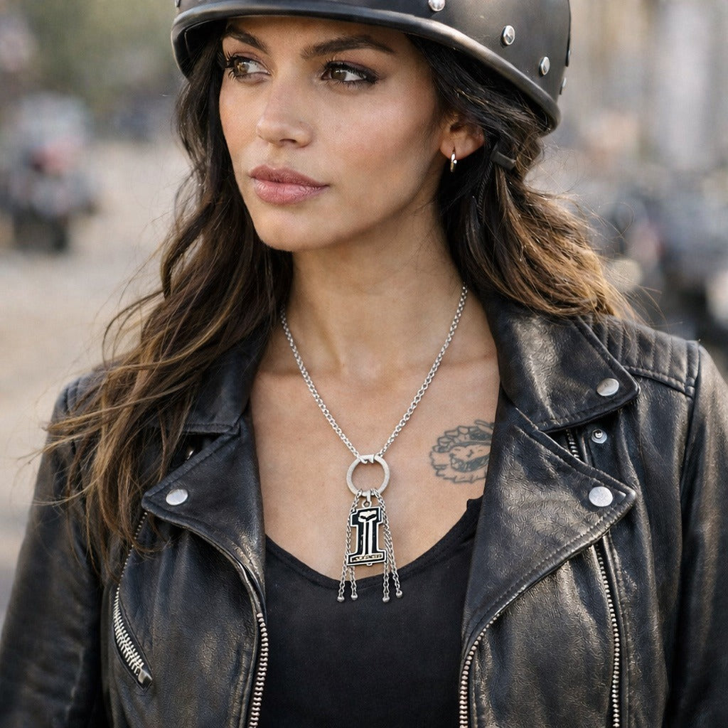 Vintage Harley Davidson #1 Logo Pendant Necklace Gunmetal Chain Biker Jewelry