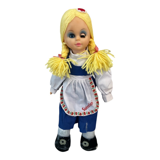 Vintage Swiss Miss Doll – Plush Legs, Yarn Hair, Embroidered Apron – 14” Tall