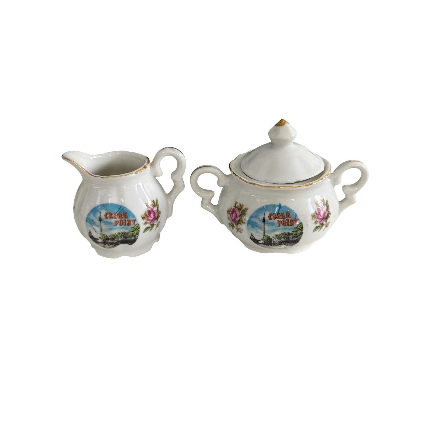 Vintage Cedar Point Souvenir Creamer Sugar Bowl with Lid Mini Tea Set Ohio
