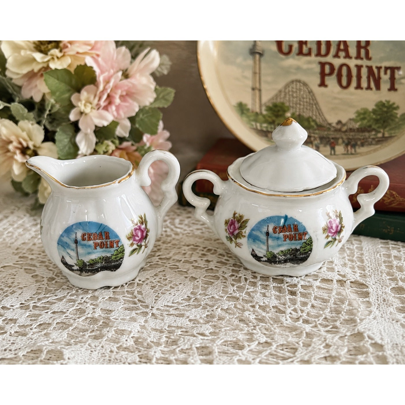 Vintage Cedar Point Souvenir Creamer Sugar Bowl with Lid Mini Tea Set Ohio