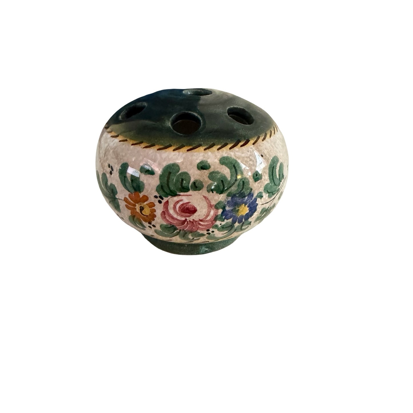Vintage Italian Hand Painted Pottery Flower Frog Vase Made in Italy V.B. 3" Floral Arranger