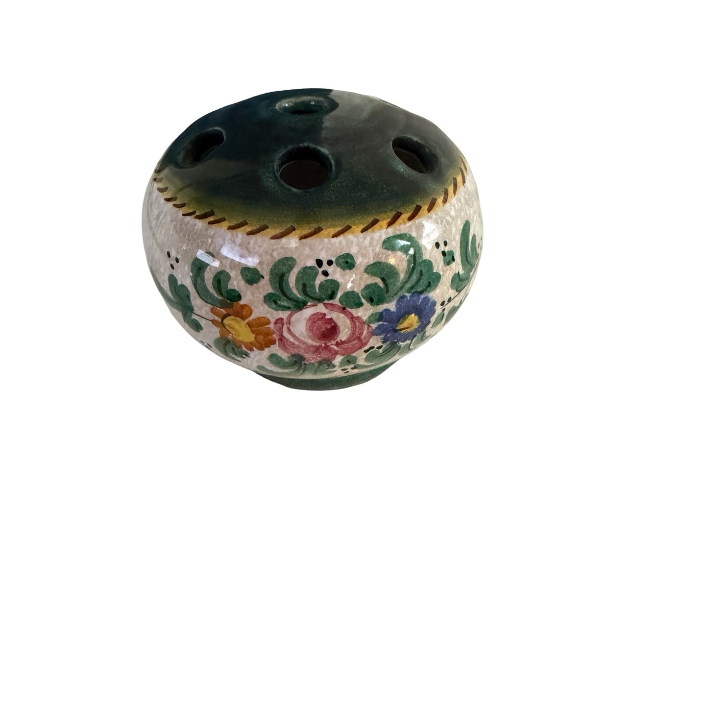 Vintage Italian Hand Painted Pottery Flower Frog Vase Made in Italy V.B. 3" Floral Arranger