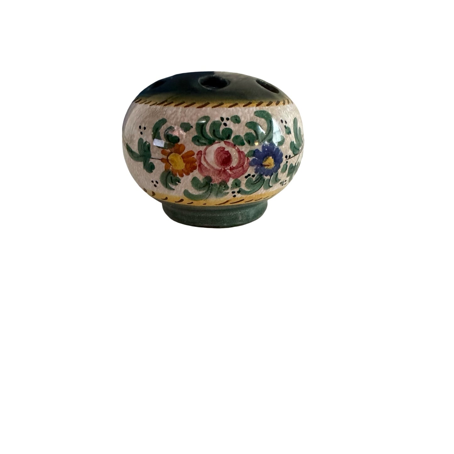 Vintage Italian Hand Painted Pottery Flower Frog Vase Made in Italy V.B. 3" Floral Arranger