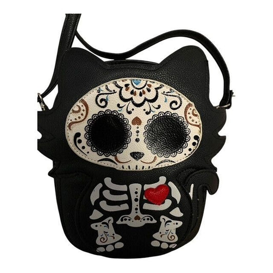 Sleepyville Critters Sugar Skull Cat Crossbody Bag – Halloween Day of the Dead Purse – Faux Leather