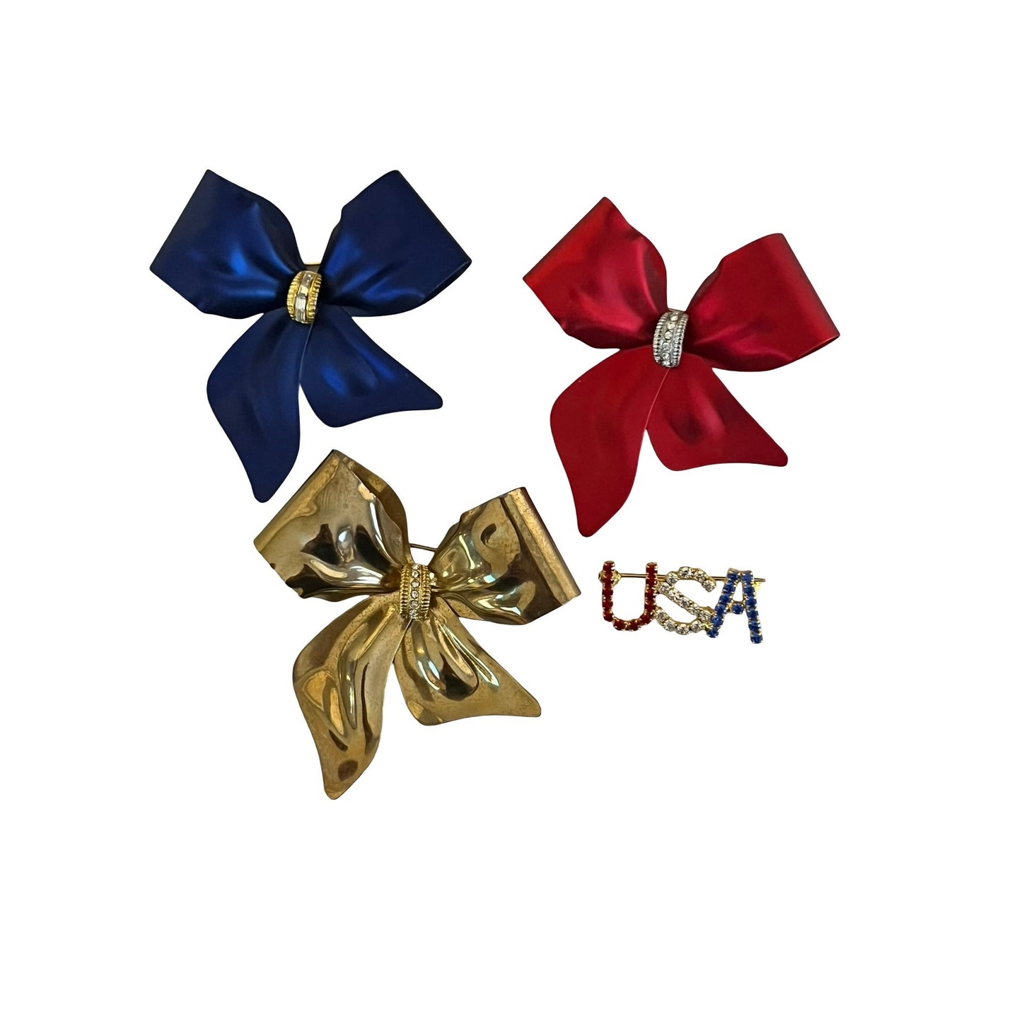 Vintage Patriotic Bow Brooch Lot USA Rhinestone Pin Red White Blue Statement