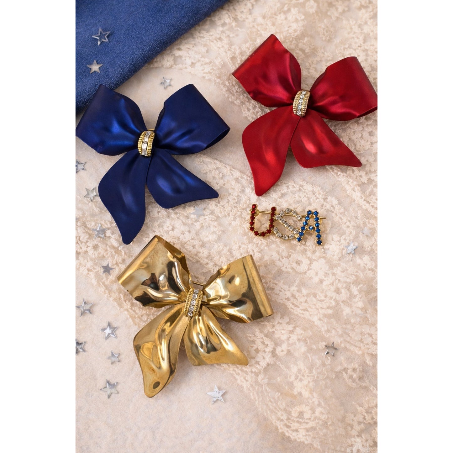 Vintage Patriotic Bow Brooch Lot USA Rhinestone Pin Red White Blue Statement